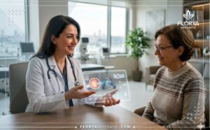 طبيب عيون يناقش عملية زراعة عدسة في تركيا باستخدام جهاز لوحي متطور مع المريض