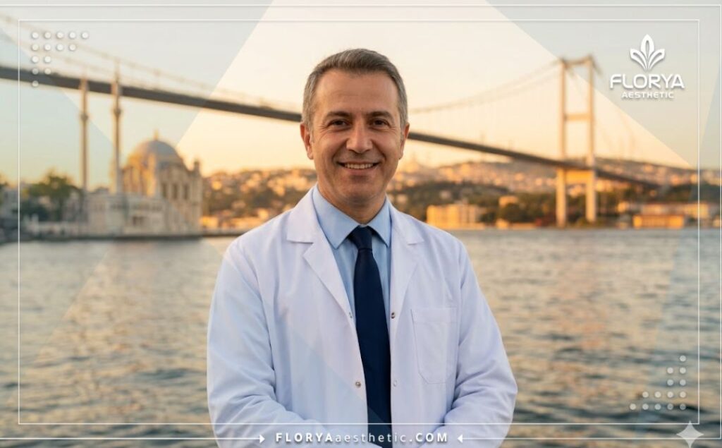 Oftalmólogo amigable sonriendo en Estambul con un paisaje icónico al atardecer en el fondo.