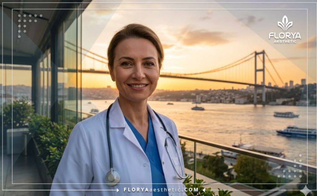 Friendly aesthetic doctor welcoming patients with the Bosphorus Bridge in Istanbul