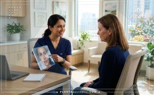 Professional doctor explaining a Lower Blepharoplasty plan with a digital tablet