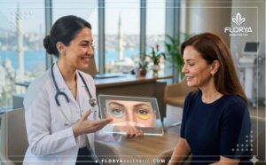 Professional doctor discussing a digital plan for Lower Blepharoplasty in Turkey