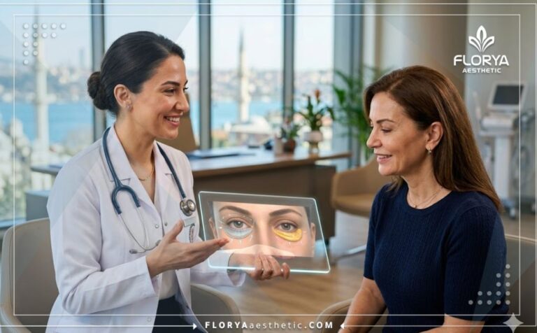 طبيب محترف يعرض خطة إزالة الأكياس الدهنية بالعين في تركيا للمريض عبر جهاز لوحي شفاف