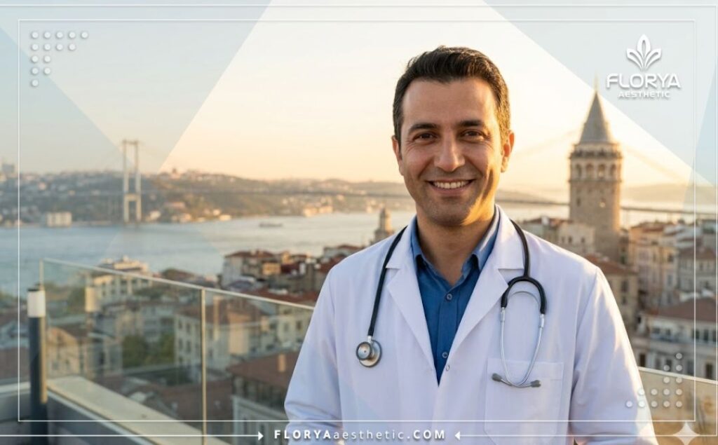 Дружелюбный врач приветствует пациента на фоне красивого пейзажа Стамбула.