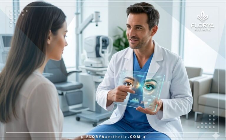 طبيب محترف يستخدم أحدث التقنيات الرقمية لشرح إجراء تغيير لون العين بالليزر لومينيز للمريض في عيادة حديثة.