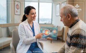 Doctor profesional mostrando un plan de Inyecciones para Edema Macular en Turquía en una tablet digital