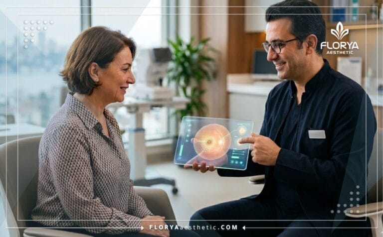 Specialist doctor explaining Macular Edema Laser Treatment in Turkey using a futuristic transparent digital tablet