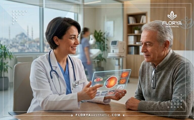 Professional doctor explaining Macular Hole Surgery in Turkey using a transparent digital tablet.