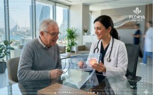 طبيب متخصص يشرح خطة عملية الثقب البقعي في تركيا للمريض باستخدام التكنولوجيا الحديثة