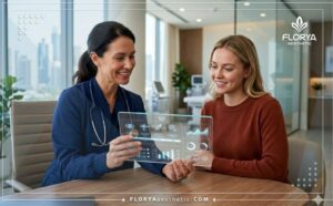 Professional doctor explaining the Medical Dark Circle Treatment Cost using advanced digital planning technology in a clinic.