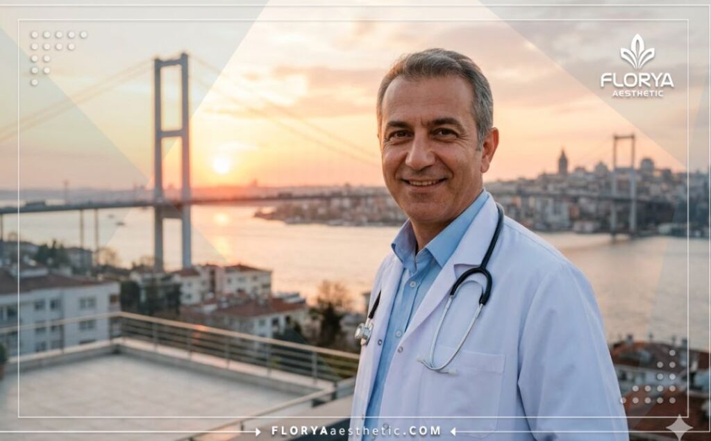 Médico profesional dando la bienvenida en Estambul con el Puente del Bósforo de fondo.