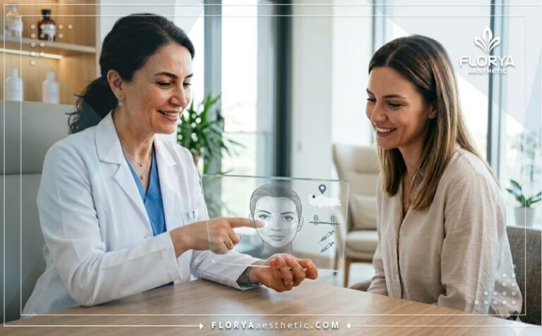 طبيب محترف يعرض خطة علاج حقن الميزو-بوتوكس في تركيا على جهاز لوحي شفاف متطور