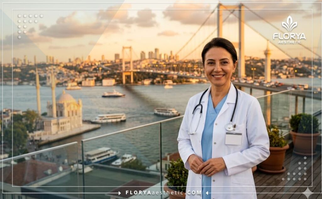 Doctor amable dando la bienvenida en Estambul con el Bósforo de fondo