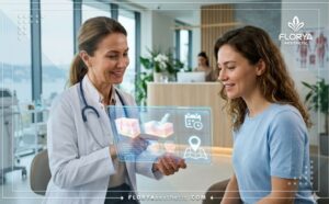 طبيب محترف يشرح خطة التقشير بالكريستال في تركيا للمريض باستخدام جهاز لوحي متطور