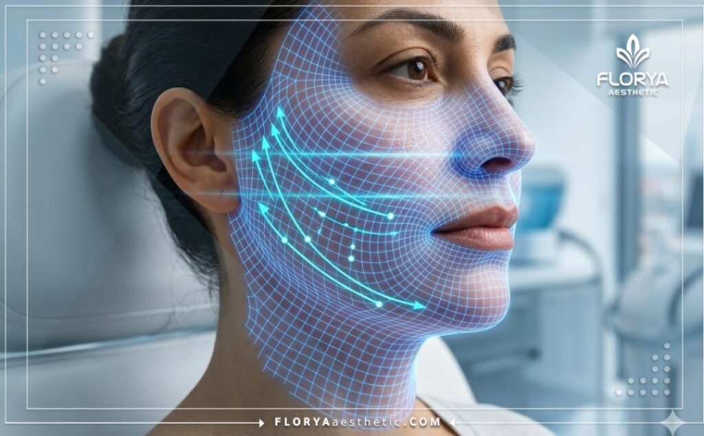 High-tech 3D topographical mesh scan of facial skin showing lifting vectors