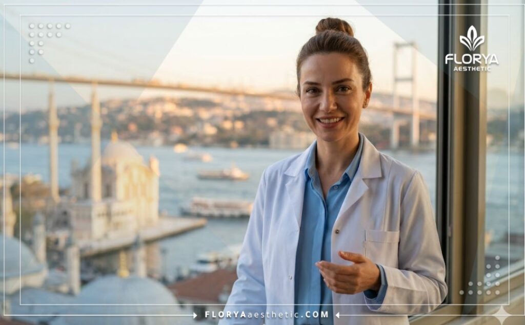 Friendly aesthetic doctor standing in front of the Bosphorus Bridge in Istanbul