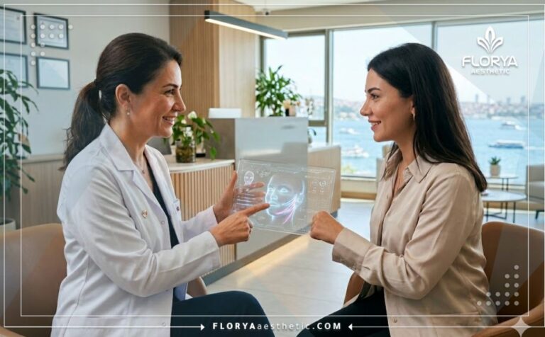 طبيب تجميل يشرح خطة العلاج باستخدام خيوط المونو للنضارة في تركيا عبر جهاز لوحي متطور