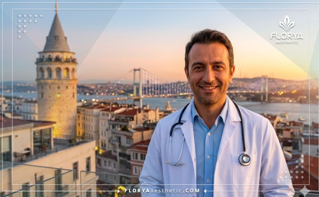 Médico amable sonriendo con el puente del Bósforo en Estambul de fondo.
