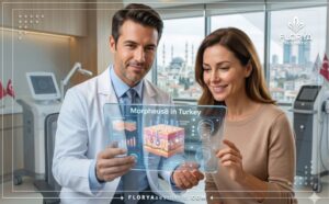 Médecin professionnel expliquant le Morpheus8 en Turquie avec une tablette technologique.