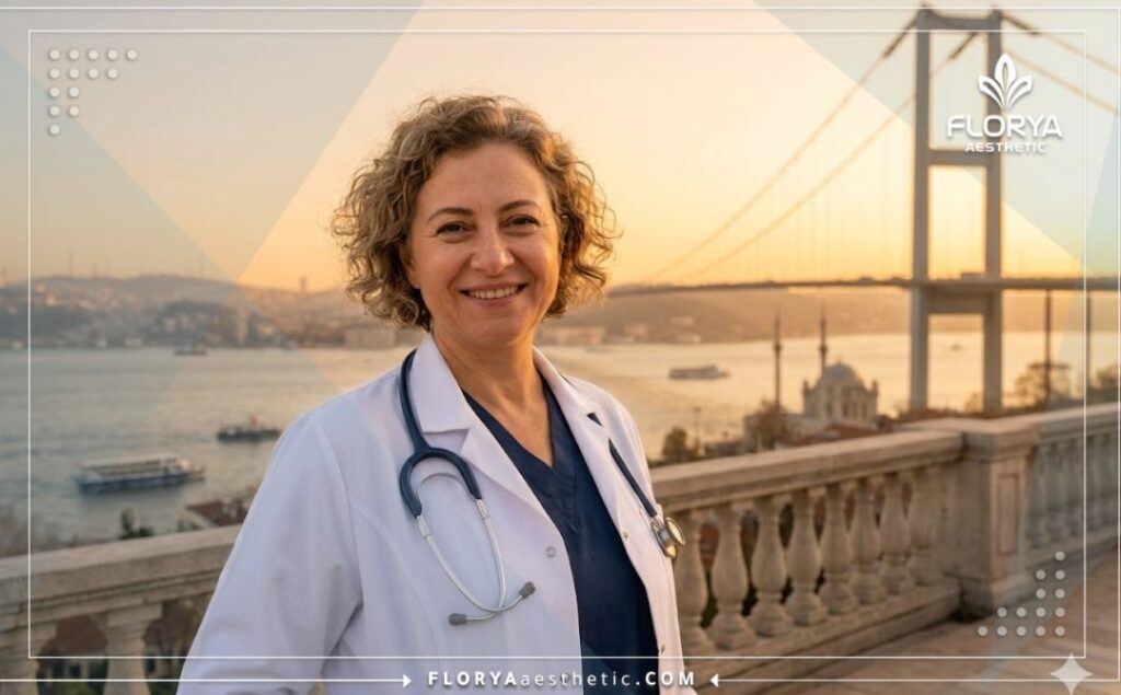 Friendly aesthetic doctor in front of Istanbul landmarks