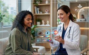 طبيب يشرح تقنية تغيير لون العيون بدون جراحة للمريض عبر شاشة ذكية