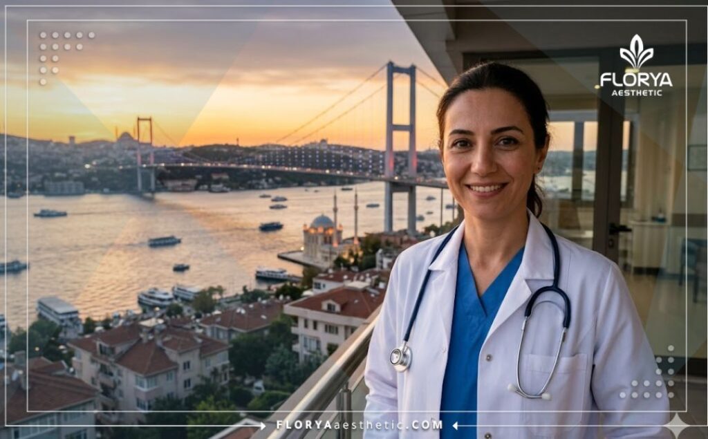 Doctor amable dando la bienvenida a los pacientes con el icónico horizonte de Estambul de fondo.