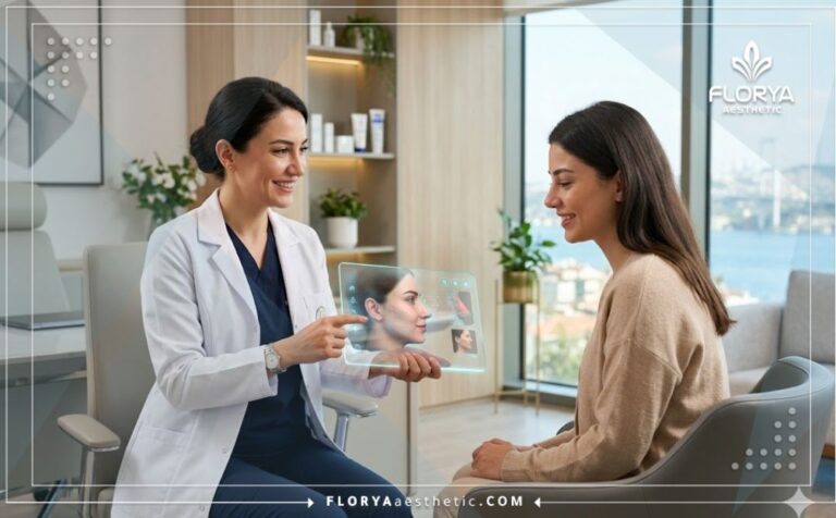 طبيب محترف يشرح خطة إجراء فيلر الأنف في تركيا للمريض باستخدام تابلت رقمي متطور