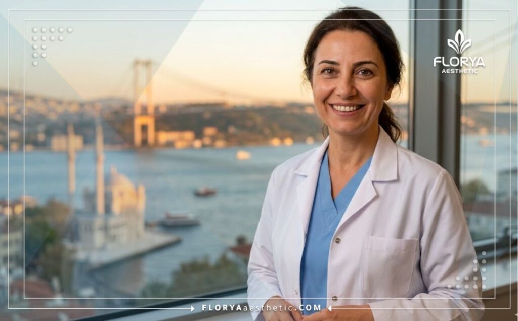 طبيب عيون يرحب بالمرضى في اسطنبول مع ظهور معلم سياحي في الخلفية.