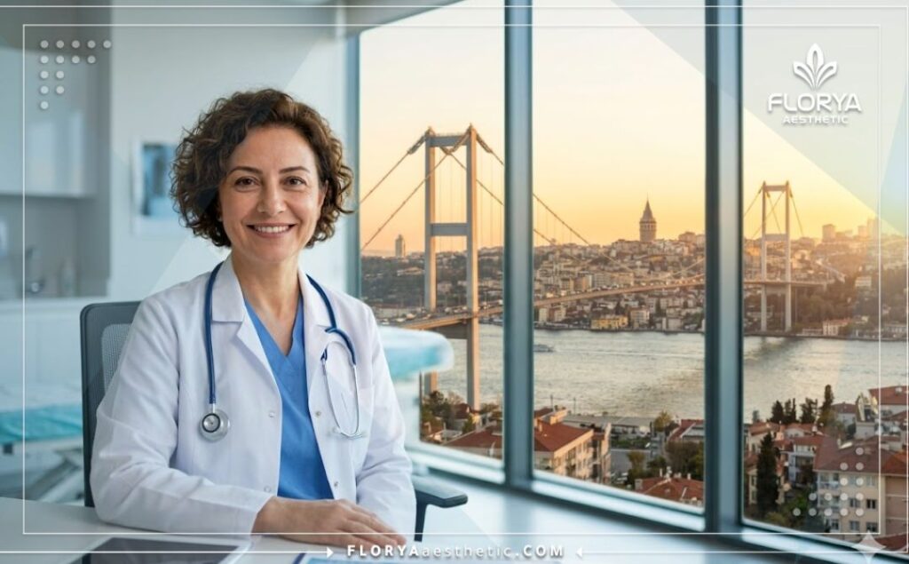 Médecin amical accueillant avec une vue sur Istanbul en arrière-plan