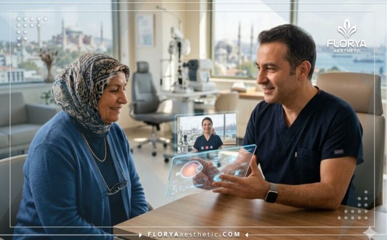 The Best Ophthalmologist in Istanbul using a transparent digital tablet with a patient