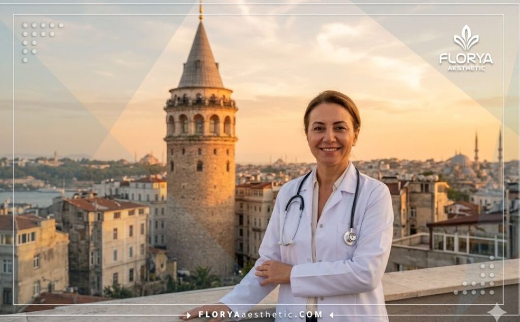 Docteur chaleureux posant devant le pont du Bosphore à Istanbul.