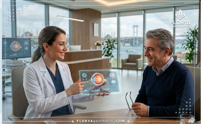 طبيب عيون في إسطنبول يستخدم تقنية لوحية رقمية شفافة لشرح العلاج للمريض.