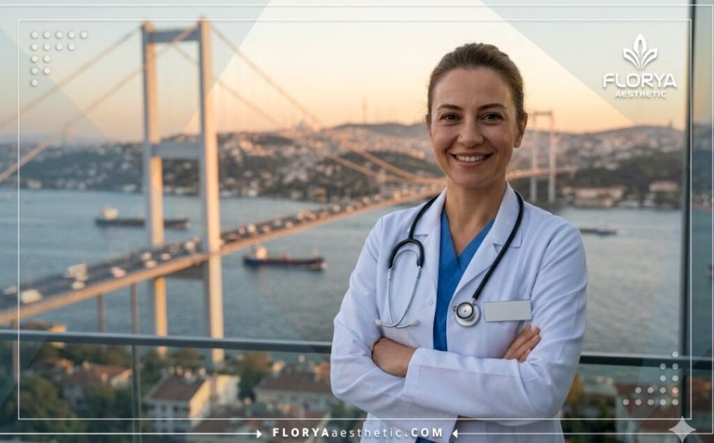 Улыбающийся врач-офтальмолог на фоне моста через Босфор в Стамбуле.