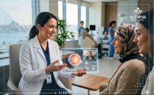 Expert Ophthalmology Professor in Turkey showing a digital eye scan to a patient.