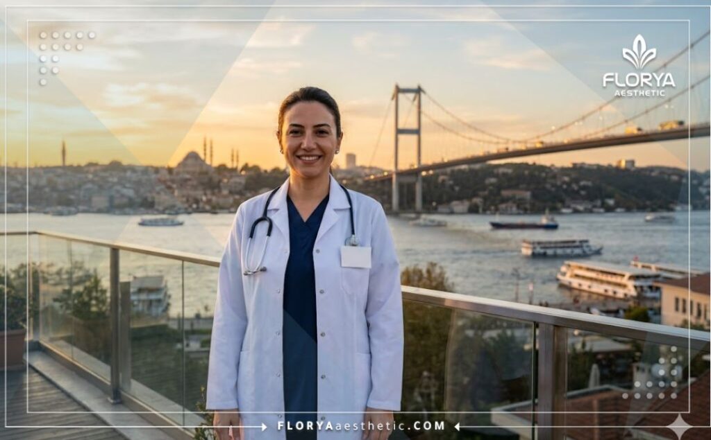طبيب تجميل يرحب بالمرضى مع خلفية لمعالم اسطنبول