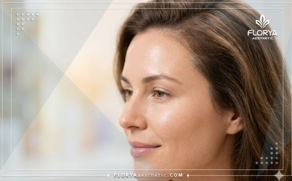 Close-up showing flawless, rejuvenated skin and healthy hair as a perfect treatment result.