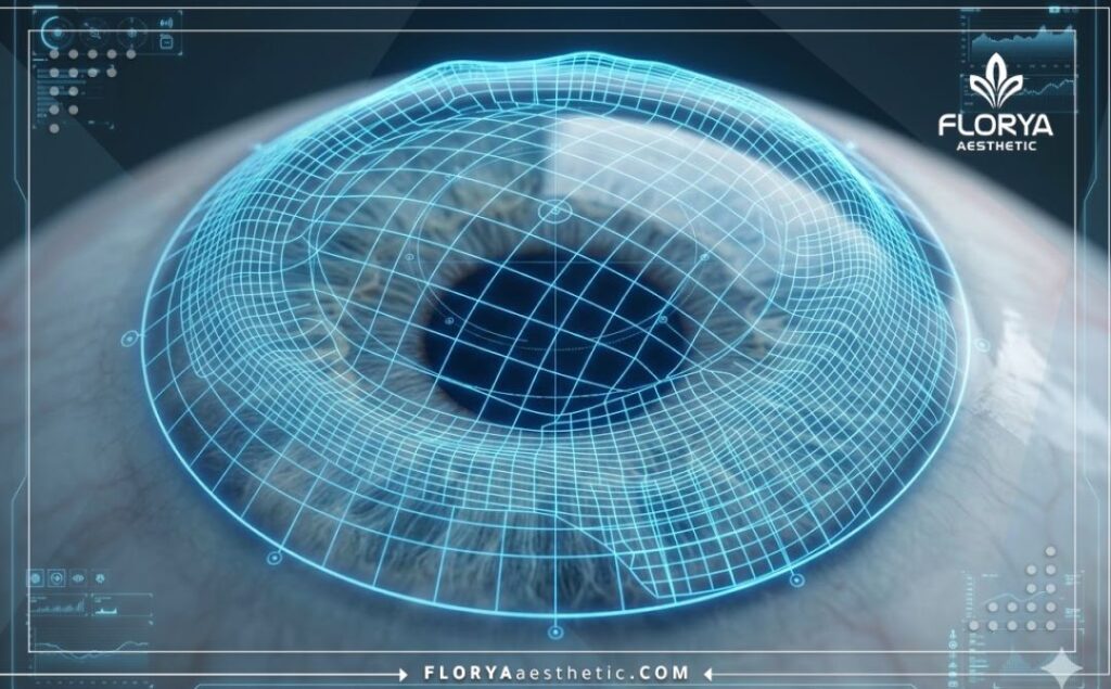 Futuristic macro 3D surface scan of the eye cornea highlighting surgical precision