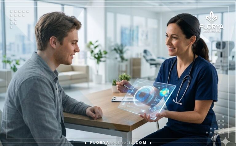 طبيب عيون يشرح إجراء عملية الليزر السطحي (PRK) للمريض باستخدام تقنية حديثة