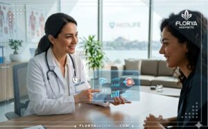 Врач обсуждает Стоимость операции ФРК в Турции с пациентом используя цифровой планшет.