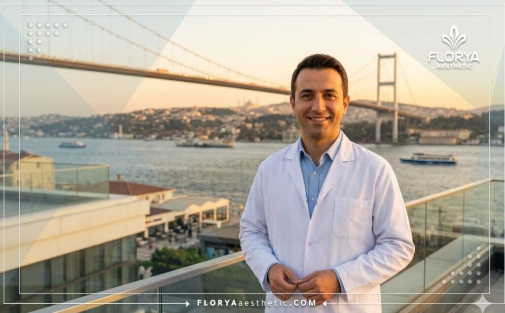 Friendly medical professional standing before the Bosphorus Bridge in Istanbul