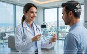 Professional doctor explaining PRP Injections in Turkey using a transparent digital tablet