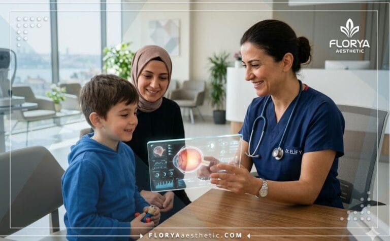 Médico profesional utilizando tecnología digital avanzada junto a un Oftalmólogo pediátrico en Turquía.