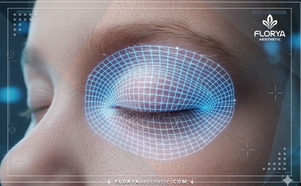 High-tech 3D macro surface scan of the eyelid area showing surgical precision.