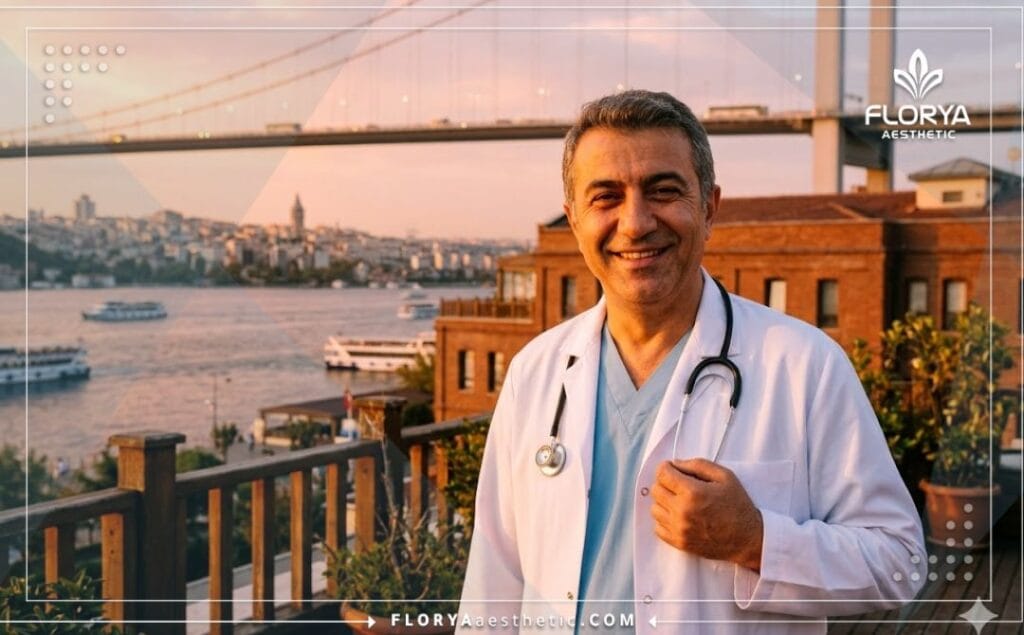 Friendly pediatric eye surgeon smiling with Istanbul in the background.