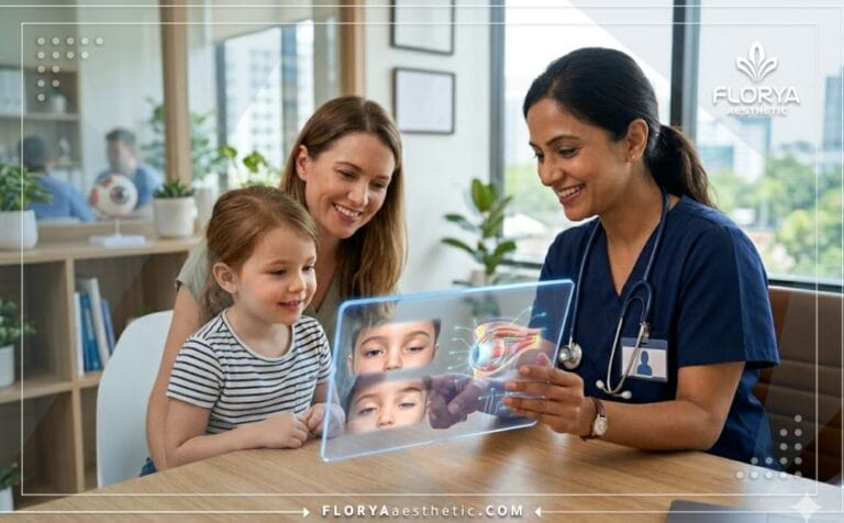 Professional doctor showing a Pediatric Ptosis Surgery digital plan on a transparent tablet.