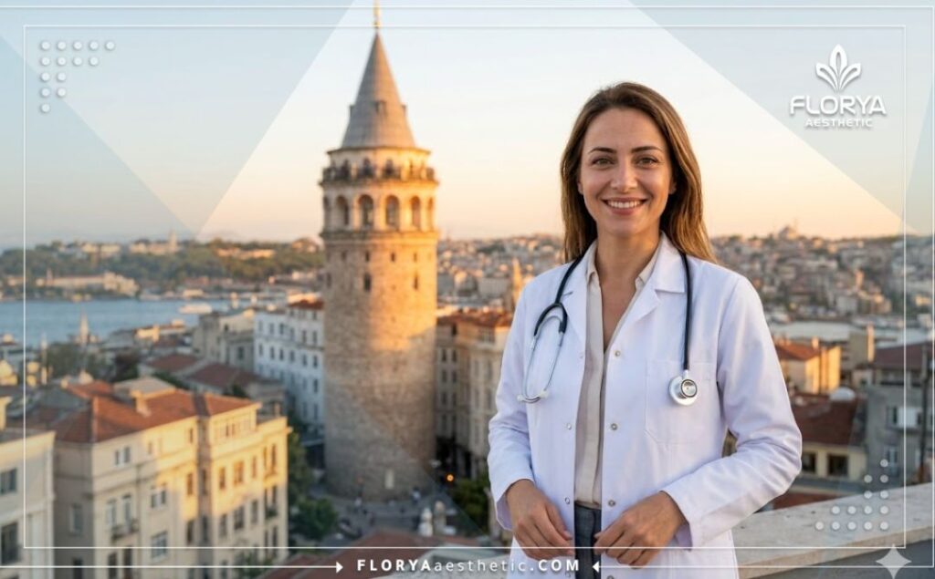Welcoming medical professional smiling in front of an iconic Istanbul landmark.