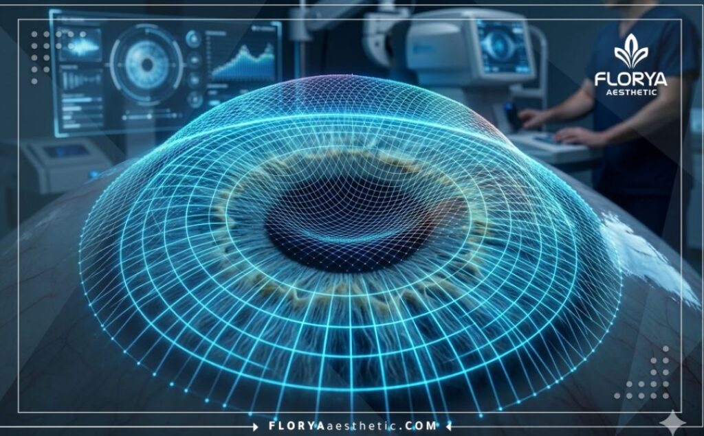 مسح ثلاثي الأبعاد دقيق لمنطقة العين والقزحية باستخدام تقنية الليزر الأزرق.