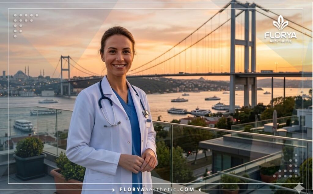 طبيب عيون ودود يبتسم مع خلفية واضحة لجسر البوسفور في إسطنبول.