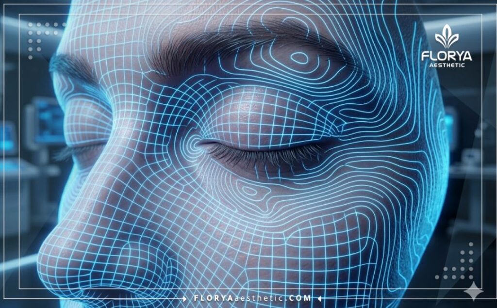 مسح رقمي ثلاثي الأبعاد يوضح تشريح العين الدقيق بتقنية الليزر الأزرق.
