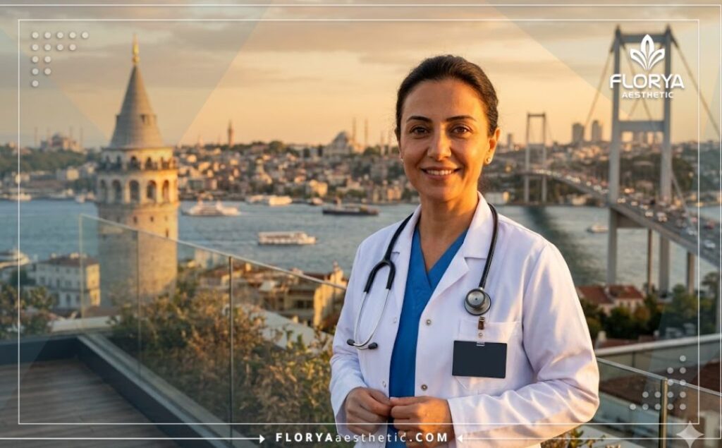 Friendly ophthalmologist smiling with the Istanbul Bosphorus Bridge behind them