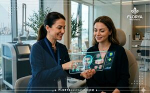 طبيب جلدية محترف يناقش خطة العلاج باستخدام ليزر البيكو شور في تركيا عبر جهاز لوحي متطور.